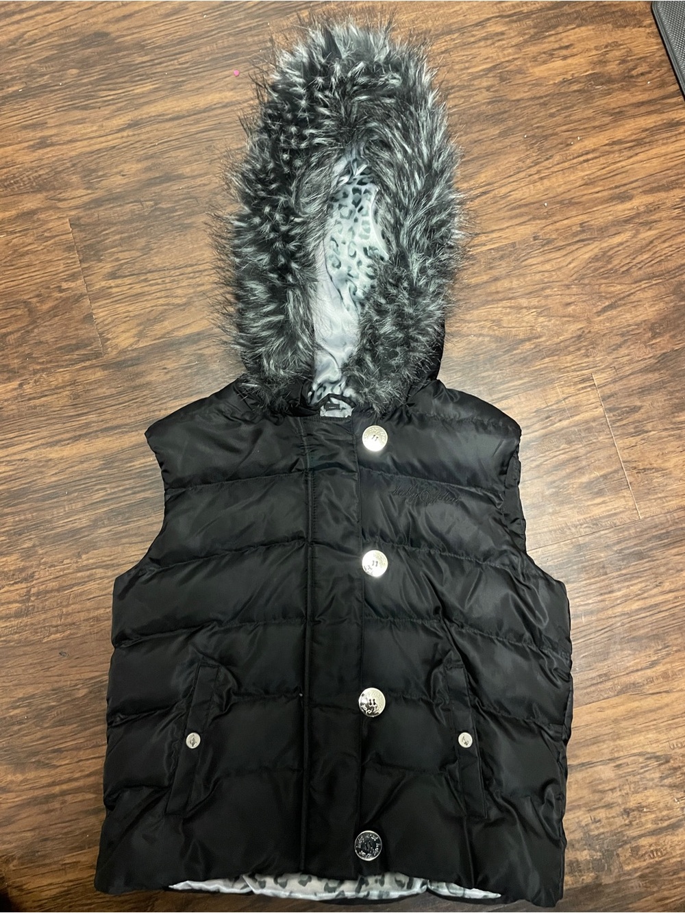 Baby Phat Black Quilted Puffer Vest with Faux Fur Hood